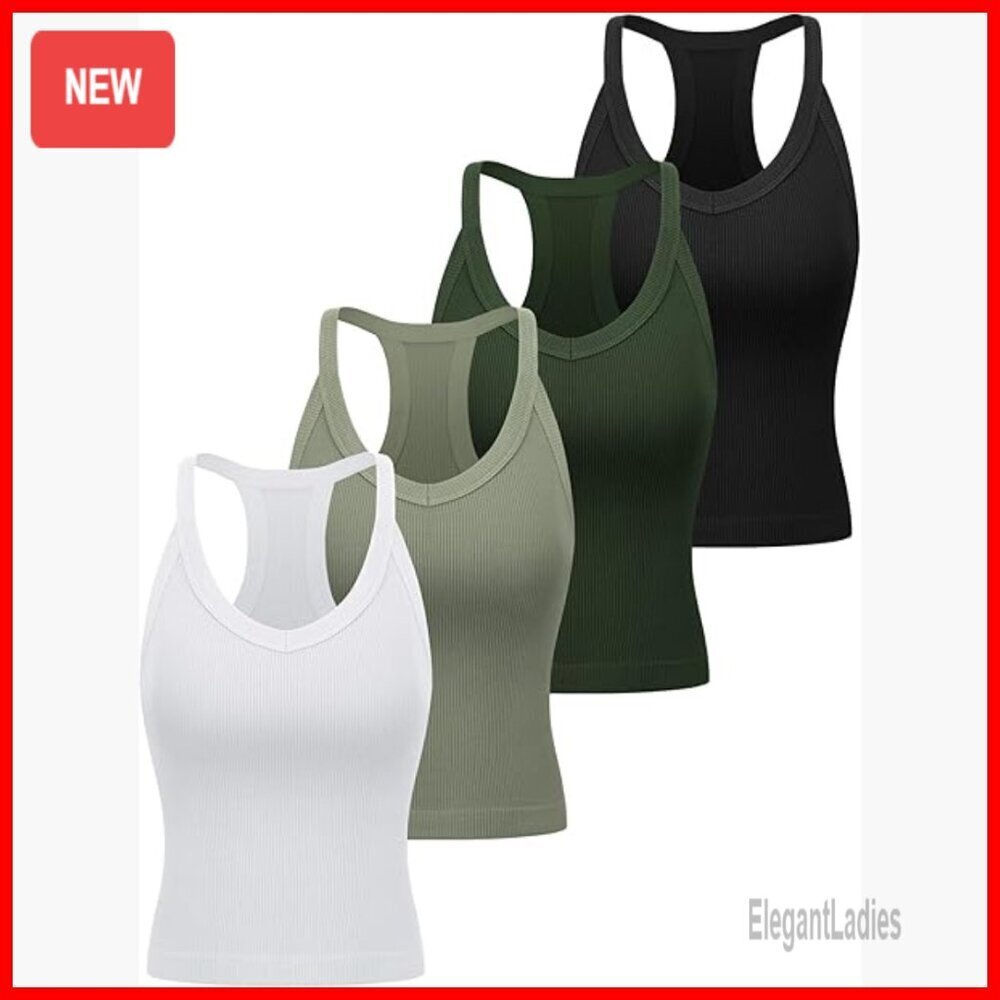 4 Pack Ribbed Racerback Tank Tops Seamless Crop Camisole Workout